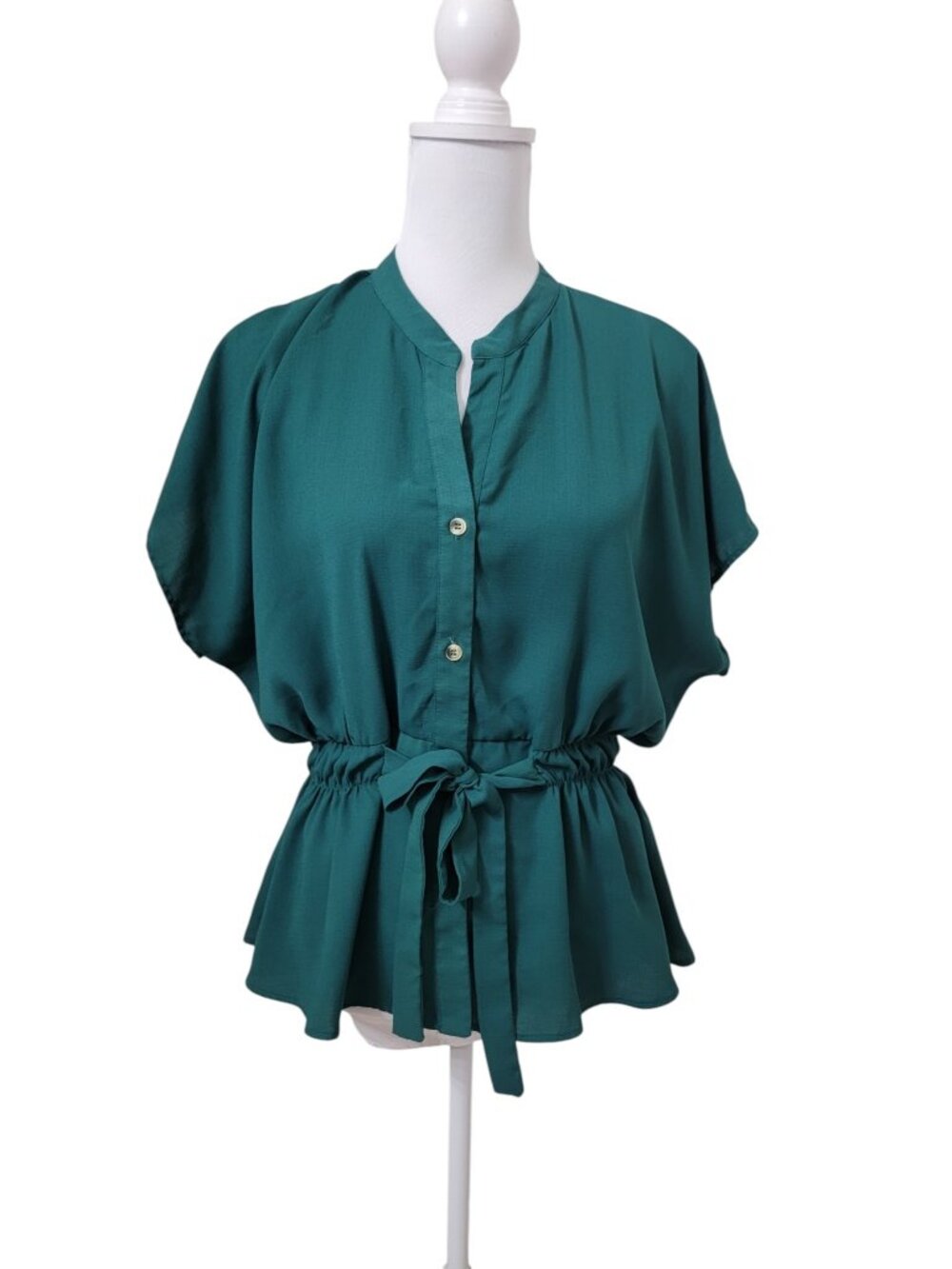 Sweet Rain Size L Dark Green Cinched Waist Short Sleeve Blouse
